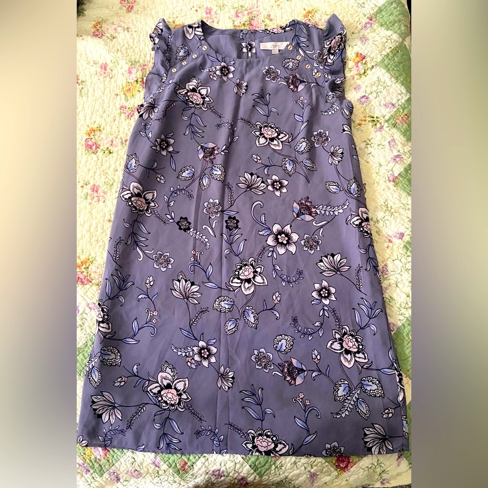 LOFT Floral Ruffle Sleeve Mini Dress - Gray and Pink - Picture 2 of 6